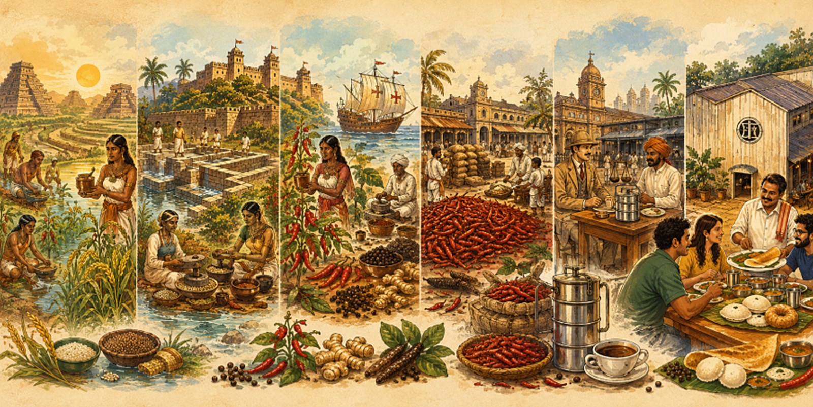 An illustrated mural of Andhra food history in six panels - paddy fields and early temples, Kakatiya tank irrigation, the chilli arriving by Portuguese ship, the Guntur chilli market, the colonial tiffin era, and a Bengaluru dining hall today - above a foreground band of rice, chillies, peppercorns, ginger and tamarind