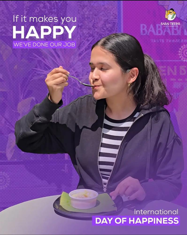 A young woman eating from a bowl, under the words If it makes you happy