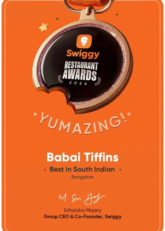 Swiggy Restaurant Awards 2026 certificate: Babai Tiffins, Best in South Indian, Bangalore