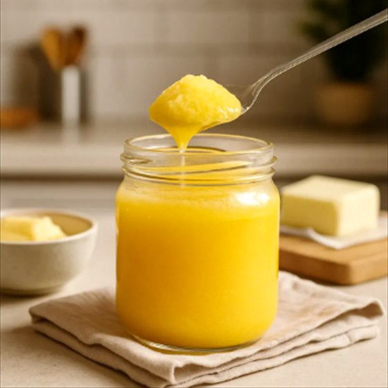 A spoon lifting ghee from a glass jar